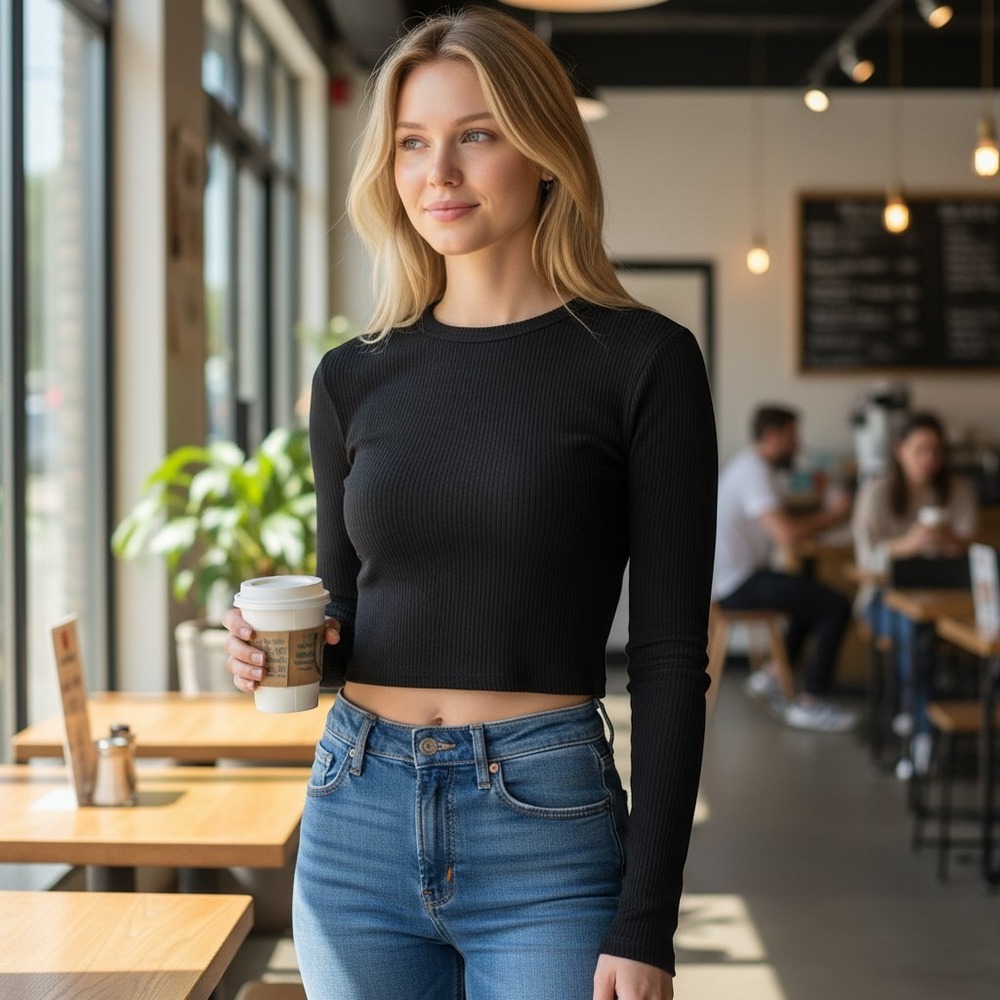 Choice Black Ribbed Long Sleeve Crop Top Seamless Crew Neck Stretch NWT (160)